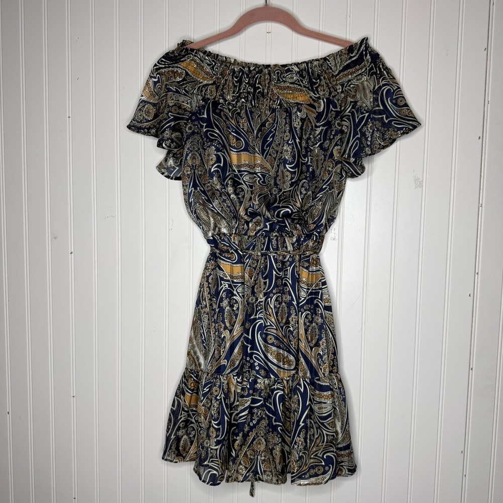 Lulus Always Right Navy Blue Multi Print Off-The-Shoulder Dress with Belt Medium